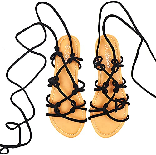 Heltid Women's Open Toe Lace Up Gladiator Flat Sandals, Strappy Sandals for Women Black Size 8 M US