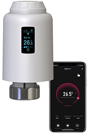 Qiumi Zigbee Smart Thermostatic Radiator Valve Supporting Remote Control by Smart Life app, Voice Control by Alexa and Google Home (OLED Display)