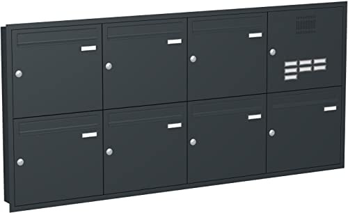 Briefkastenanlage Unterputz mit eckiger Verkleidung und Klingeln Modell U3 Farbe RAL 7016 anthrazitgrau, Größe mit 7 Briefkästen