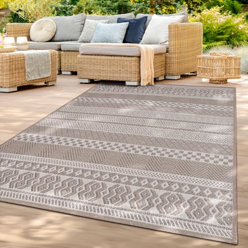TT Home In-& Outdoor Teppich Wetterfest Balkon Küche Wohnzimmer Boho Rauten Design, Farbe: Beige, Größe:150 cm Quadrat