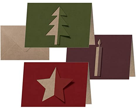 SIGEL Weihnachtskarten Cut-out Stil aus Kraftpapier A6 quer 10 Stück | DS083, 3 Motive auf nachhaltigem Papier mit Umschlägen