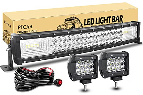 PICAA Rampe led, 22 53 cm 270W Incurvé Barre LED +2 Lampes de Travail 4 | Triple Rangée 7D,étanche IP67,Barre lumineuse,Faisceau Spot Inondant,12V, hors route Voiture Véhicules 4x4 SUV ATV Camion