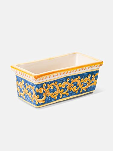 Terrecotte del Sole - Cassetta in ceramica siciliana originale decoro floreale blu e giallo 47 x 19 x 16 cm, realizzata e decorata a mano.