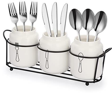 SUMTree 3-Piece Ceramic Silverware with Metal Rack, Utencil Holder, White