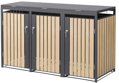 ML-Design Cache Poubelle pour 3 Bacs jusqu'à 240L, Abri Extérieur Habillage Résistant aux Intempéries, en Acier Thermolaqué, avec Porte et Couvercle Ouvrant, 200 x 80 x 120 cm, Aspect Bois Anthracite