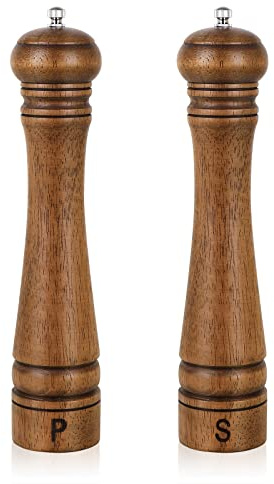 Pack of 2 Wood Pepper Grinder Set, XWXO 10 Inch Salt Mill and Pepper Grinder Set, Pepper Mill, Salt Shakers with Adjustable Ceramic Rotor (10inch Light Brown) | 2 Pack Pepper Mill, Salt Shakers with Adjustable Ceramic Rotor - Oak Wood Pepper Grinder And Salt Mill for Your Kitchen