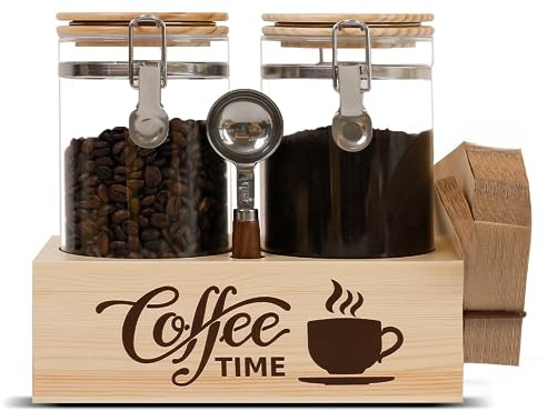 EQEY Glass Coffee Canister Set with Shelf & Spoon 2 Piece Coffee Containers for Coffee Bean Storage Airtight Seal, Coffee Bar Accessories Filter Holder for Kitchen Organization