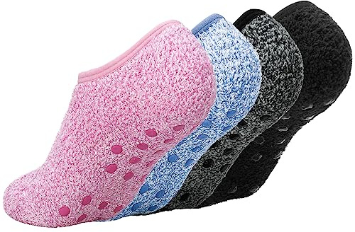 FANTESI 4 Pairs Slipper Fluffy Socks for Women Men Winter Non Slip Soft Thermal Fuzzy Bed Slippers Socks with Anti-slip Grain for House Floor Bed (UK 4-7)