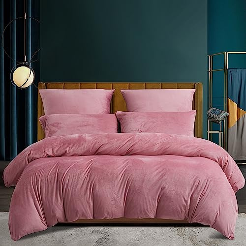 Luofanfei - Funda nórdica de invierno (240 x 260 cm, franela cálida, tacto Cashmere, forro polar, juego de cama de terciopelo rosa suave, con cremallera, ropa de cama para 2 personas con 2 fundas de