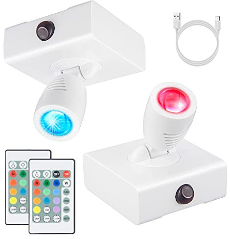BIGMONAT Drahtloser LED Spotlight, Wiederaufladbares Bildlicht, 12-Farbige Wechselnde Kunstbeleuchtungg, Malerei Bildlicht, Innenkabinett Licht, Puck Licht mit Fernbedienung, Display Licht 2-Pakete