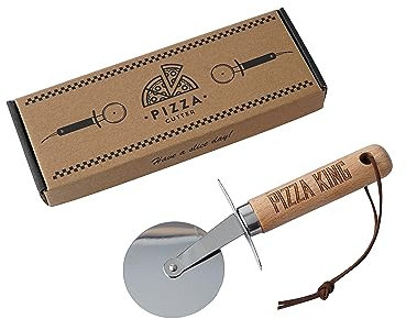 CGB Giftware | Wooden Handle Pizza Cutter | Engraved with Slogan 'Pizza King' | Leather Handle End | Comes Gift Boxed | GB07658