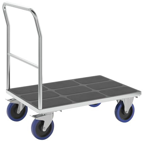 eurokraft | Plattformwagen mit Rohrschiebebügel | Vollelastik-Rollen | Verzinkt | Ladeflächen-LxB 1050 x 700 mm