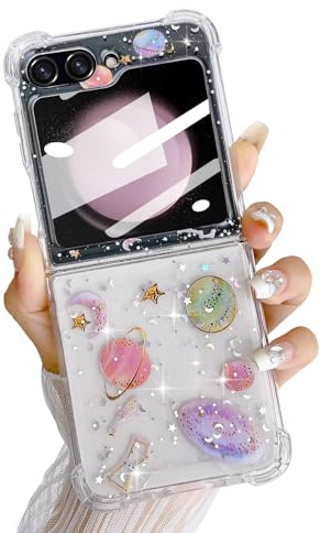 LCHULLE for Samsung Galaxy Z Flip 5 5G Case Girls Women Glitter Bling Bumper Shockproof Phone Case Cute Sparkly Moon Star Planet Pattern Cover for Samsung Flip 5 5G(2023)-Clear