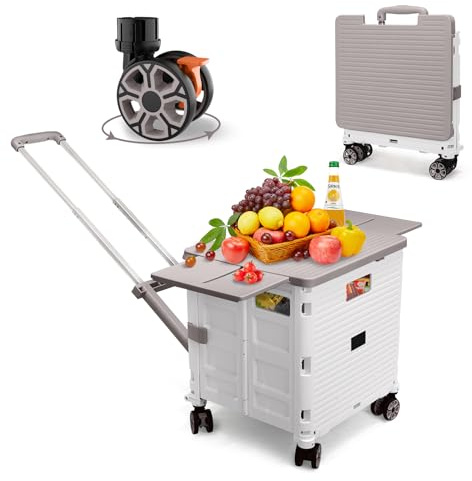 Fällbar nyttovagn på hjul, arbetsbesparande hopfällbar vagn med magnetiskt skjutlock Teleskophandtag 55L Stor kapacitet/176LBS, Flat-Pull Shopping Dolly 360°svängbara hjul för resecamping (Vit)
