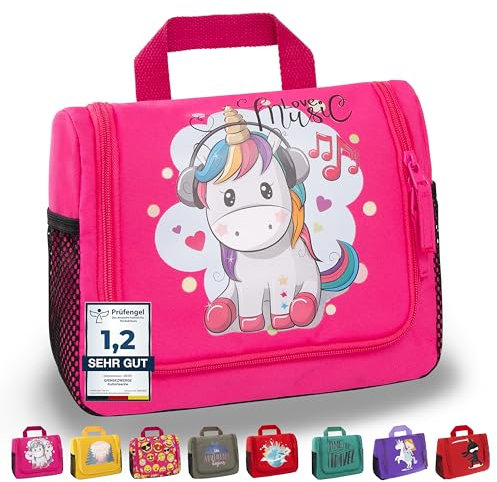 GRINSEZWERGE Kulturtasche für Kinder und Erwachsene - 12 Motive | Reise Kulturbeutel für Damen und Herren | Kosmetiktasche zum Aufhängen | Waschbeutel Waschtasche Reisetasche für Jungen und Mädchen