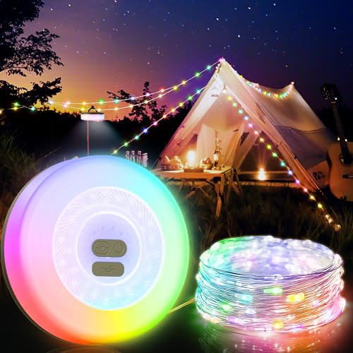Mytrix Guirlande lumineuse d'extérieur à DEL RVB, décorations pour camping, camping-car, randonnée, 10 m, 100 LED, 2 en 1 rechargeable par USB, lumières de fête de Noël