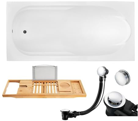 BADLAND Badewanne Original Weiß Acryl Wanne Rechteck BONA 140x70 KOMPLETTSET SET + Bambus Ablage + Füßen und Exklusive Chrom Automatik Ablaufgarnitur Made in EU 4in1