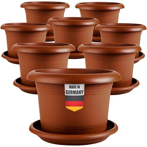 2friends Lot de 8 pots de fleurs élégants de 40 cm de diamètre - Grand pot de fleurs en terre cuite, avec soucoupe, robustes et résistants au gel, en plastique, pour jardin, balcon, terrasse