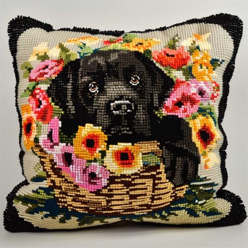 RKFLGEW DIY knüpfen set erwachsene labrador retriever tier knüpfkissen Hund und Blumenkorb 3D-Kissen-Materialpaket，Knüpfhaken-Sticksets，DIY-Teppichkissen，Häkelkissenbezug für Zuhause 43x43cm