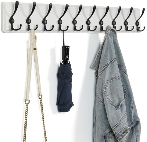 QILICZ Hakenleiste Garderobenleiste Holz, Vintage, Stabile Kleiderhaken Wand mit 10 Dreifachhaken für Kleidung, Mantel, Hüten, Jacken, Rucksack,Wandhaken Waschraum, Schlafzimmer, Küche