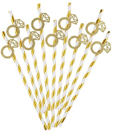 CloverCrafts 10 x Gold Glitter Engagement Ring Paper Straws – Bachelorette Party Decor