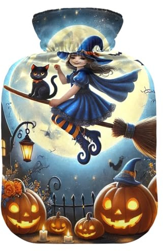 Wärmflasche mit Halloween-Kürbis-Katze, mit weichen Bezugsfüßen und Bettwärmer, Wärmbeutel für heiße und kalte Kompresse, 2 l
