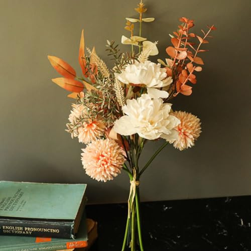 KARLOR Kunstblumenstrauß Künstliche Blumen Deko Hortensien Pfingstrose Löwenzahnblume Seide Blumenarrangements für Hochzeit Blumenstrauß Kernstück Garten Zuhause Deko Kunstblumen wie echt (Champagner)