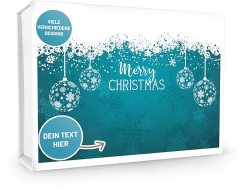 VerpackungsWelt Personalisierte Geschenke-Schachtel | 23x17x5 cm | Geschenk-Karton mit Deckel & Magnet-Verschluss | Schneezauber-Motiv Türkis | Box personalisiert in Weiß