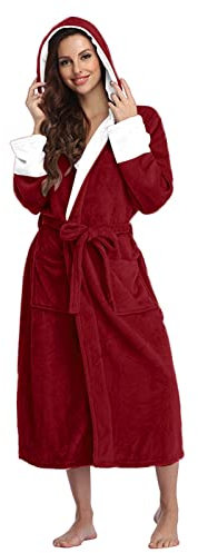 Damen-Bademantel aus Sherpa-Fleece mit Kapuze, volle Länge, Plüsch-Bademantel mit Gürtel, weiche, warme Winter-Nachtwäsche, gemütliches Flanell, langärmelig, Nachtwäsche, leicht, bequem,