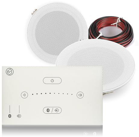 Power Dynamics Marine Ceiling Speakers and Bluetooth Wall Amplifier Kit – Weatherproof Outdoor Speaker System, IPX5 Bathroom Audio, Low Profile, Kitchen Installation, 20m Cable Included