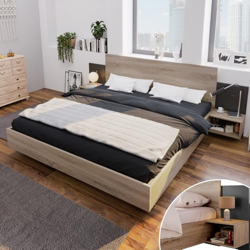 ZJBFXY88 Doppelbett Holzbett Bettanlage 160 X 200 cm Mit 2 Nachtkommoden Modernes Bett Inkl. 2 Nachttischen Schlafzimmer Komplett-205.5x235x76.5 cm(T/B/H) Set in Eiche Sonoma/Dunkelgrau