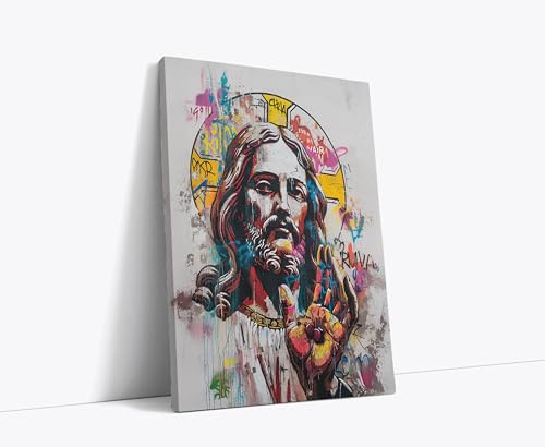 AKINDA Art Gallery - Leinwandbild 30 x 40 cm - Jesus mit Graffiti - Bunte Graffiti - Street Art - Modernes Bild für Wohnzimmer - Religion - Geschenkidee für Wohndekor