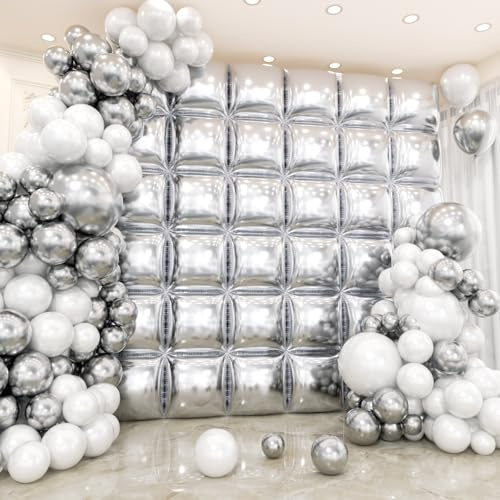 HKYOOD 36pcs Silver Square Foil Balloons Wall Backdrop with 144pcs Balloon Garland Arch Kit, Double Sided Balloons for Bachelorette Baby Shower Birthday Anniversary Graduation Prom Party Decorations