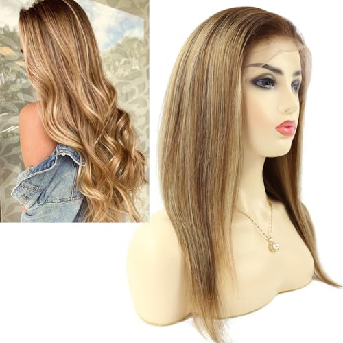 Larafona Hair Echthaar Perücke Glueless Full Lace Wig Braun Strähnt Blond 100% Remy Human Hair Wig mit Babyhaar 14inch/35cm