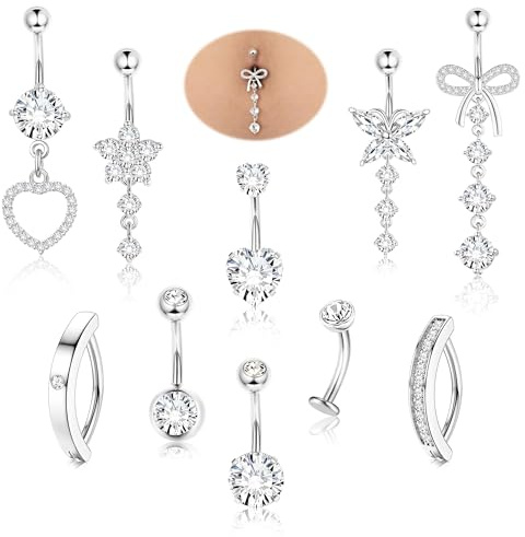 Diamday 10pcs Piercing Ombelico Acciaio Chirurgico Piercing Ombelico Pendente Anello 14G Cuore Farfalla Fiore Pendente Ventre Piercings Pancia Bilanciere Ombelicos Piercings Oro Argento