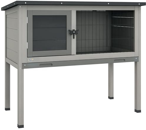PawHut Conejera de Madera de Abeto Caseta Exterior Refugio para Animales Pequeños Conejos Cobayas con Techo Asfáltico y Bandeja Extraíble 84x43x70 cm Gris y Negro