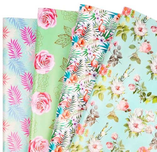 Floral Gift Wrapping Paper, 8 Sheets Green Flower Wrapping Paper for Women Girls 4 Designs Gift Wrap for Mother’s Day Birthday Anniversary Wedding(Green)