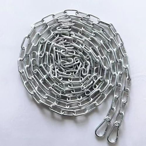 5M/197 Inch Heavy Duty Steel Security Chain, 3.2mm Thick Links, Galvanized Metal, with Carabiners, Silver