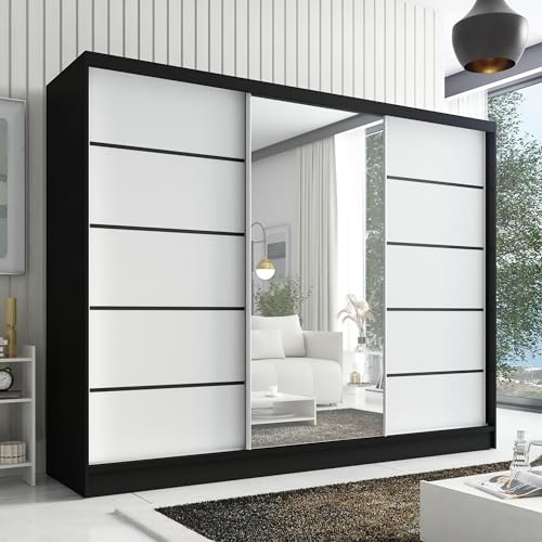 A&J MöbelLand Kleiderschrank Aurelia 2 – Schwebetürenschrank 200 cm breit mit Spiegel, 3-türig, Kleiderschrank mit Schubladen, Schiebetürenschrank für Schlafzimmer oder Garderobe