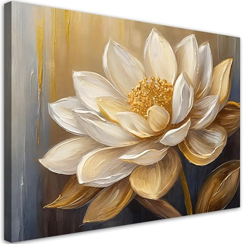 Feeby Quadro su Tela Non Tessuta - Stampa Su Tela - Fiori Dipinti Oro Glamour - 120x80 cm - Decorazione Murale - Moderno Soggiorno - quadri moderni soggiorno - poster