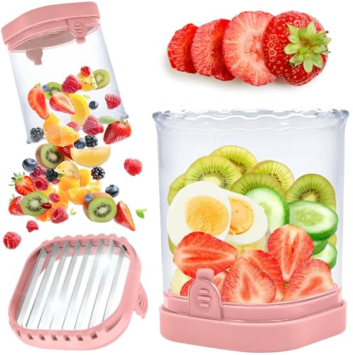 Fruit Slicer Cup, Strawberry Slicer Cup for Fruits and Vegetables Strawberry Cutter with Removable Blades & Food Push Plate (Pink)