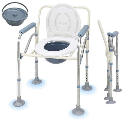 Jaxguom Sedia WC per anziani, 150 kg, pieghevole, con bracciolo, igienica, per WC, sedia regolabile in altezza, con secchio rimovibile