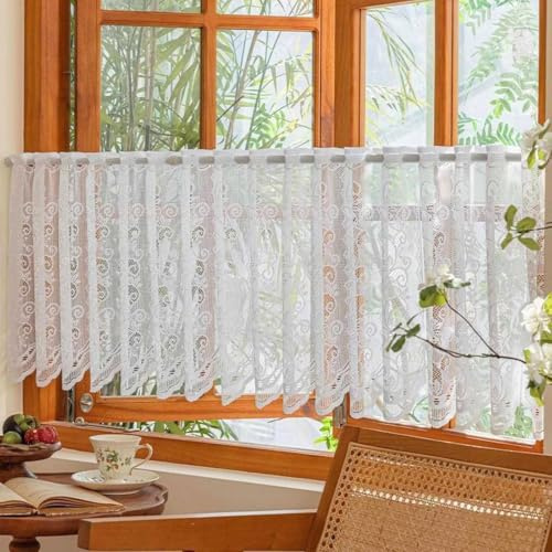 Jeeman Jacquard Scheibengardine Spitze Gardinenschals Weiß 60x100cm 1 Stück | Lichtdurchlässig, Amerikanische Café-Gardine, Blumenmuster Retro, Bistrogardine Abdeckvorhang für Schuhregal , Mit Tunnelzug