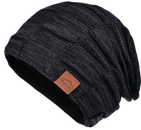Meioro Vinter varm mjuk multifunktionell huvudbonad, andningsbar elastisk ull bomull beanies, rund stickad fleece kepsar, utomhussporter löpning cykelkepsar, svart, 55-60