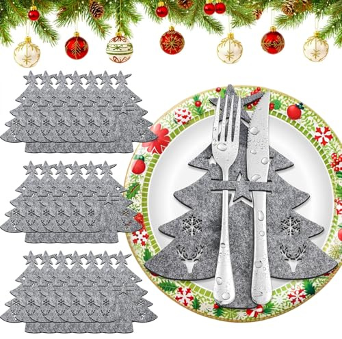 VEVOQIM 20 Stück Besteckhalter Weihnachten Filz, Bestecktasche Weihnachten Besteckbeutel Weihnachtsbaum Tischdeko, Weihnachts Messer Gabeln Löffel Geschirr Besteck Taschen für Party Tisch