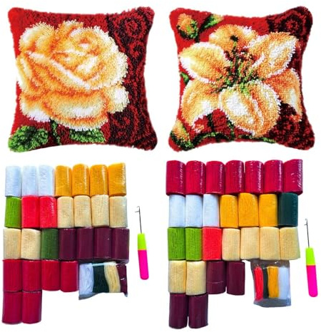 Harilla 2 Pack Flower Cushion Pillow Latch Hook Kits with Basic Tools Latch Hook Cushion Kits Hooks Set for Adults Craft Set Cushions Beginners Hooks Rugs to Make DIY Decor,Style B