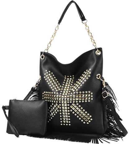 Oxxggkao Sac à bandoulière à franges avec chaîne à rivets de grande capacité pour fille et femme, sac à bandoulière multifonction en cuir tendance