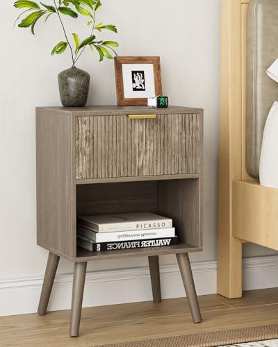 Apetaccat Nachttisch Holz, Beistelltisch mit 1 Schubladen und offenes Fach, Nachtschrank für Schlafzimmer, Wohnzimmer, 39x29x60CM, Grau