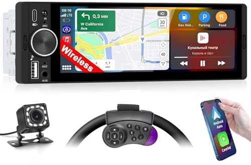 Inefala Bilradio Bluetooth 1 Din med trådlös Carplay och Android Auto, 6,28-tums skärm med Bluetooth, Mirror Link, stöd för FM/RDS, EQ, USB, Typ C, AUX, USB-laddning