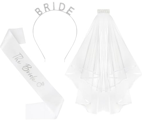 KEUKORZ 3Pcs Bride Headband Bride to Be Sash and Veil Set for Bridal Shower- White Wedding Hen Do Party Accessories Decoration for Women Bridal Bachelorette Supplies